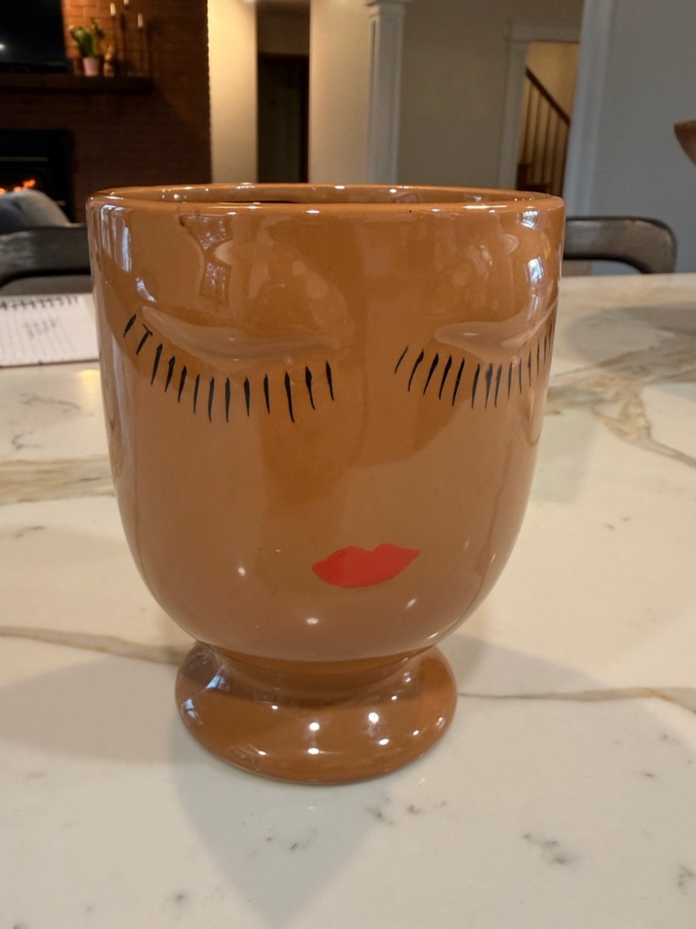 Quirky Ceramic Face Vase with Closed-Eye Design in Brown